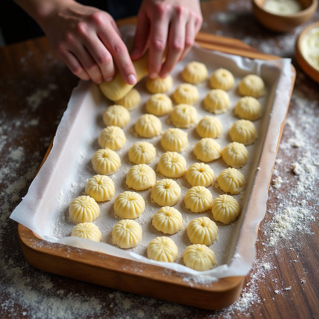 Gnocchi di patate appena formati su vassoio infarinato pronti per la cottura