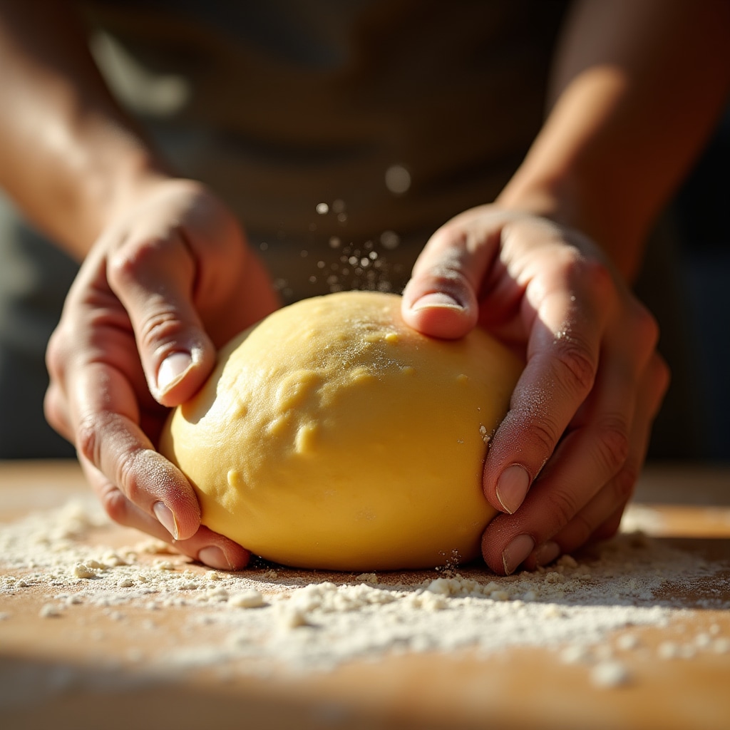 Mani che lavorano l'impasto di pasta fresca su piano di legno
