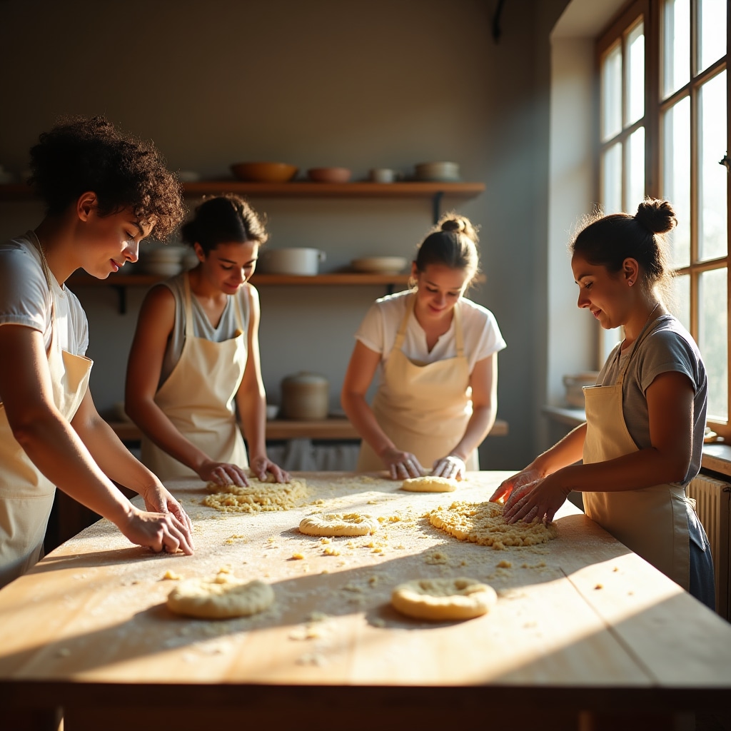 Laboratorio di pasta fresca a Bologna con partecipanti al lavoro