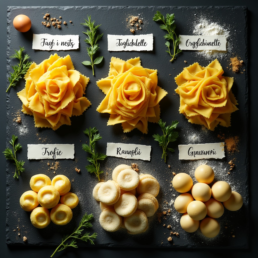 Diverse tipologie di pasta fresca regionale italiana disposte su piano di legno
