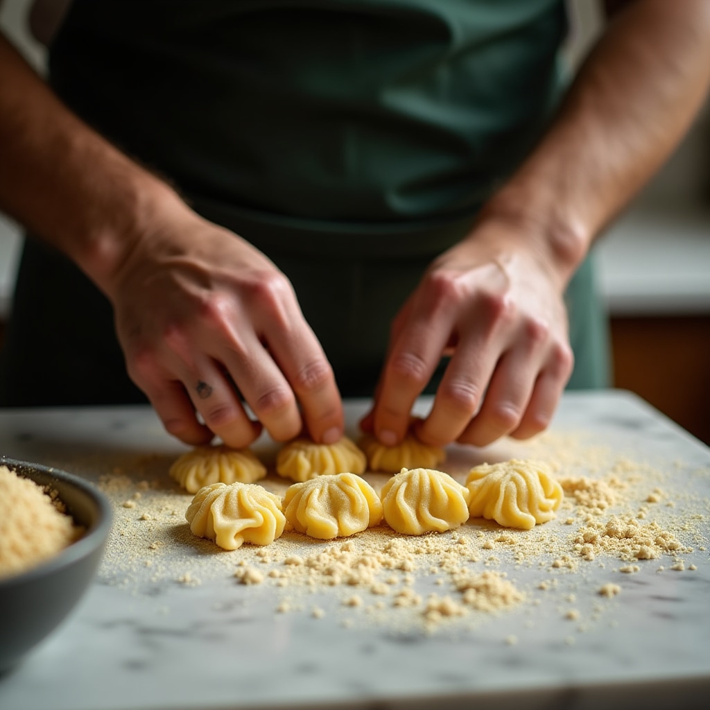 Mani che formano orecchiette pugliesi su piano di semola