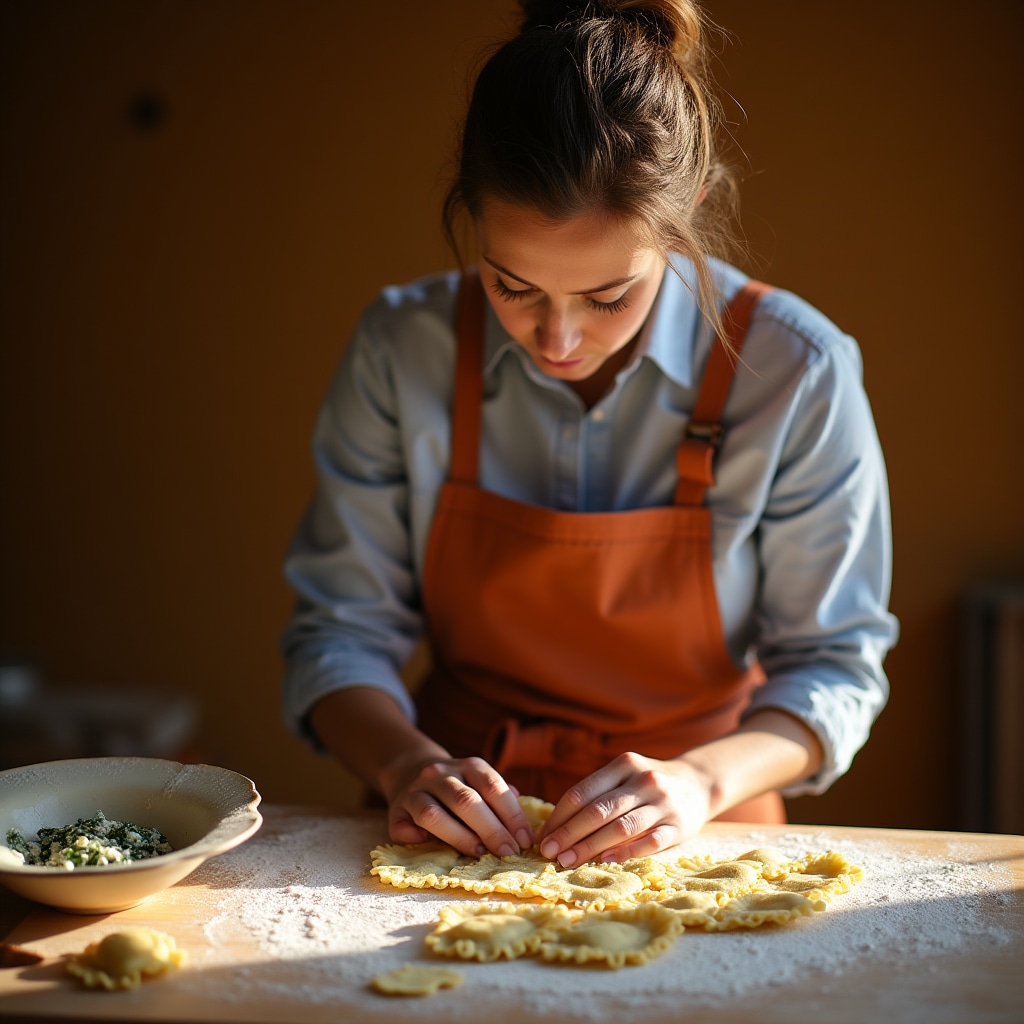 Ravioli ripieni fatti a mano su piano di lavoro con stampo artigianale