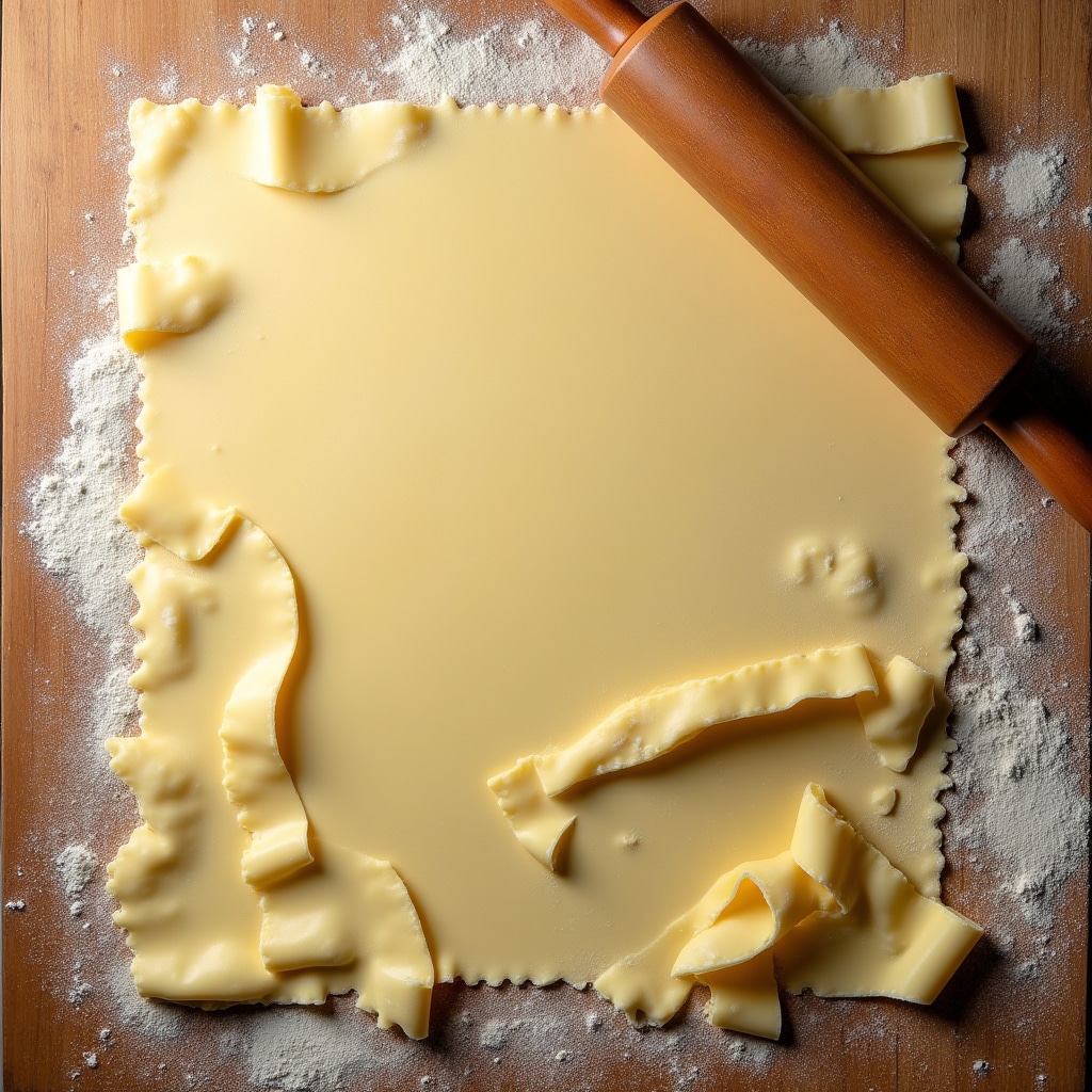 Sfoglia di tagliatelle emiliane stesa sul piano di lavoro