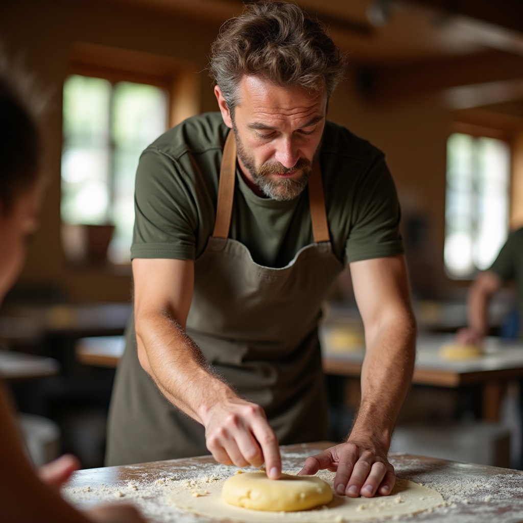 Assistente del workshop che aiuta partecipante con la formatura della pasta