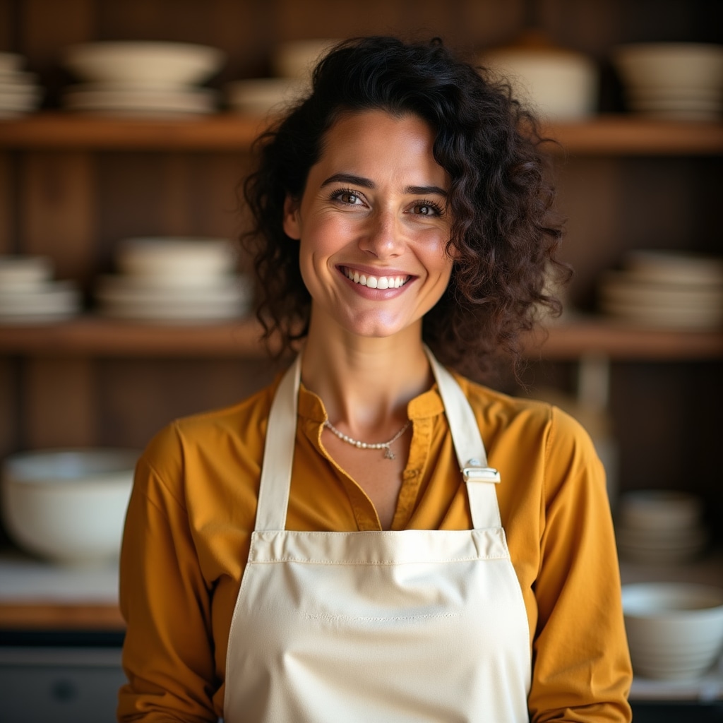 Istruttrice di pasta fresca in laboratorio con grembiule, sorridente